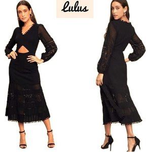 Lulu's Menagerie Black Lace Midi Dress XS Feminine Sophisticated Swiss Dot Sheer